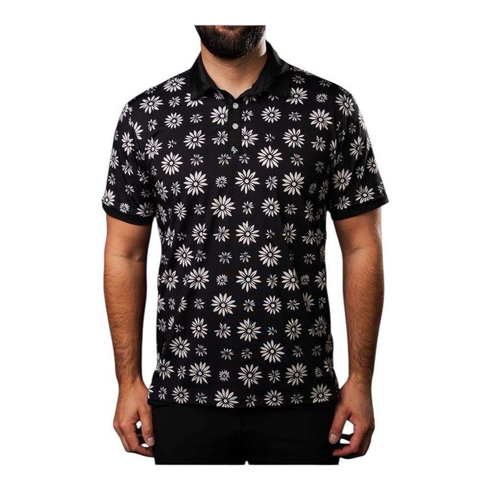 Byrdgang Mens Polo Shirt Black White "Midnight Daisy" Moisture Wicking Sz Large